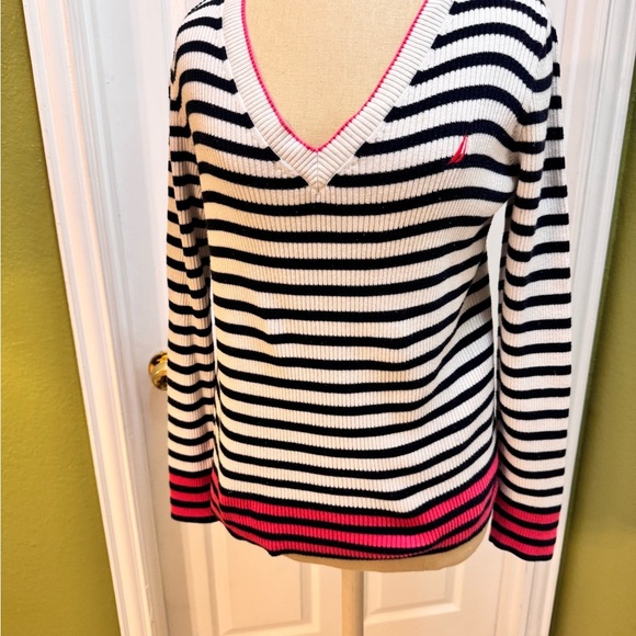 Nautica Striped V-Neck Sweater - Black, White, Pink - Picture 1 of 9
